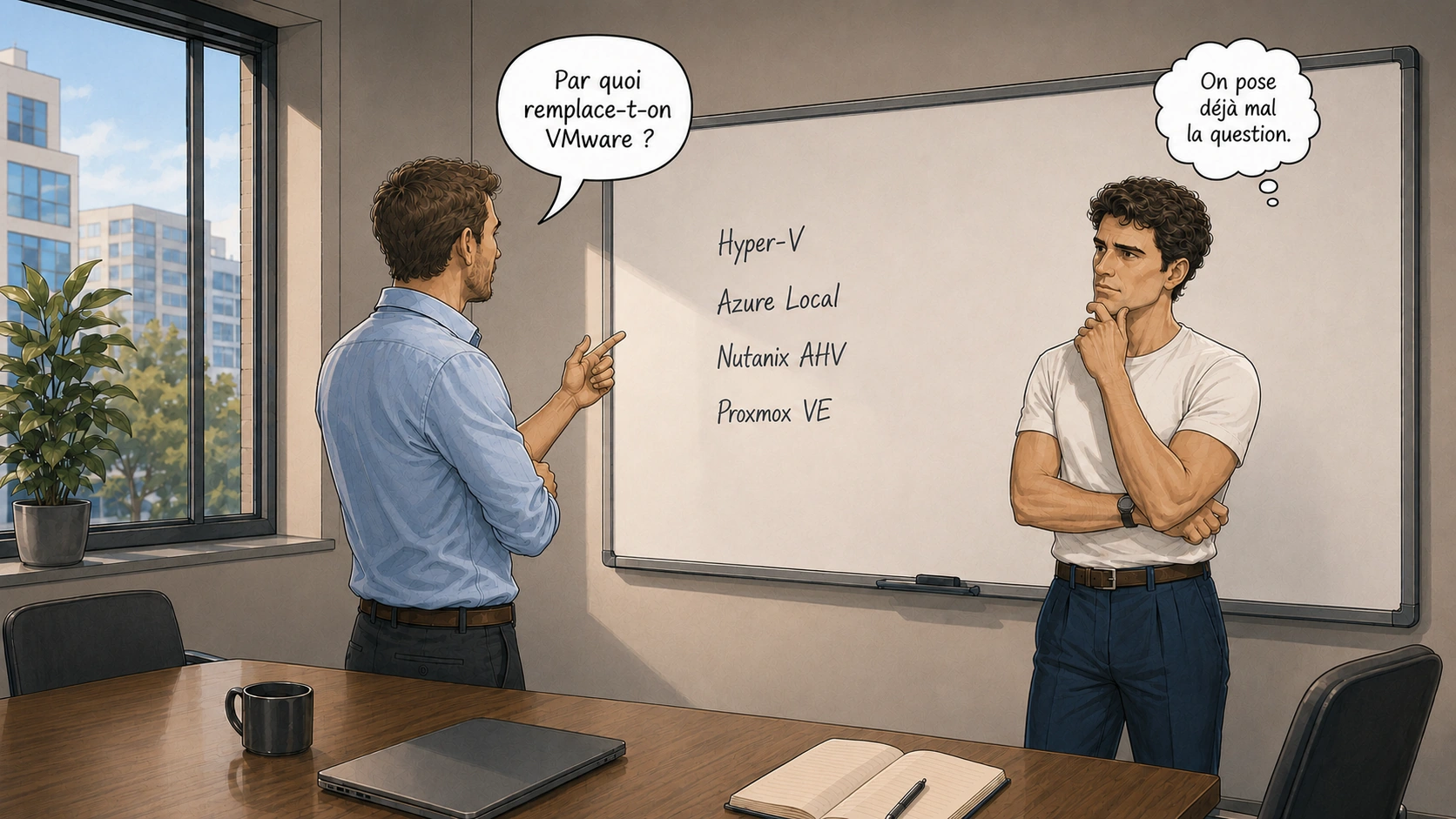 Deux professionnels devant un tableau comparant des alternatives à VMware, tandis que l’un souligne que la question du remplacement est mal posée.